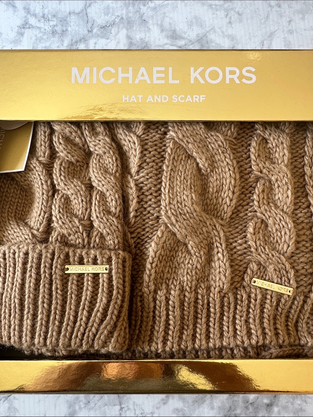 Michael Kors Cable Knit Hat & Scarf Set in Camel Brown one size